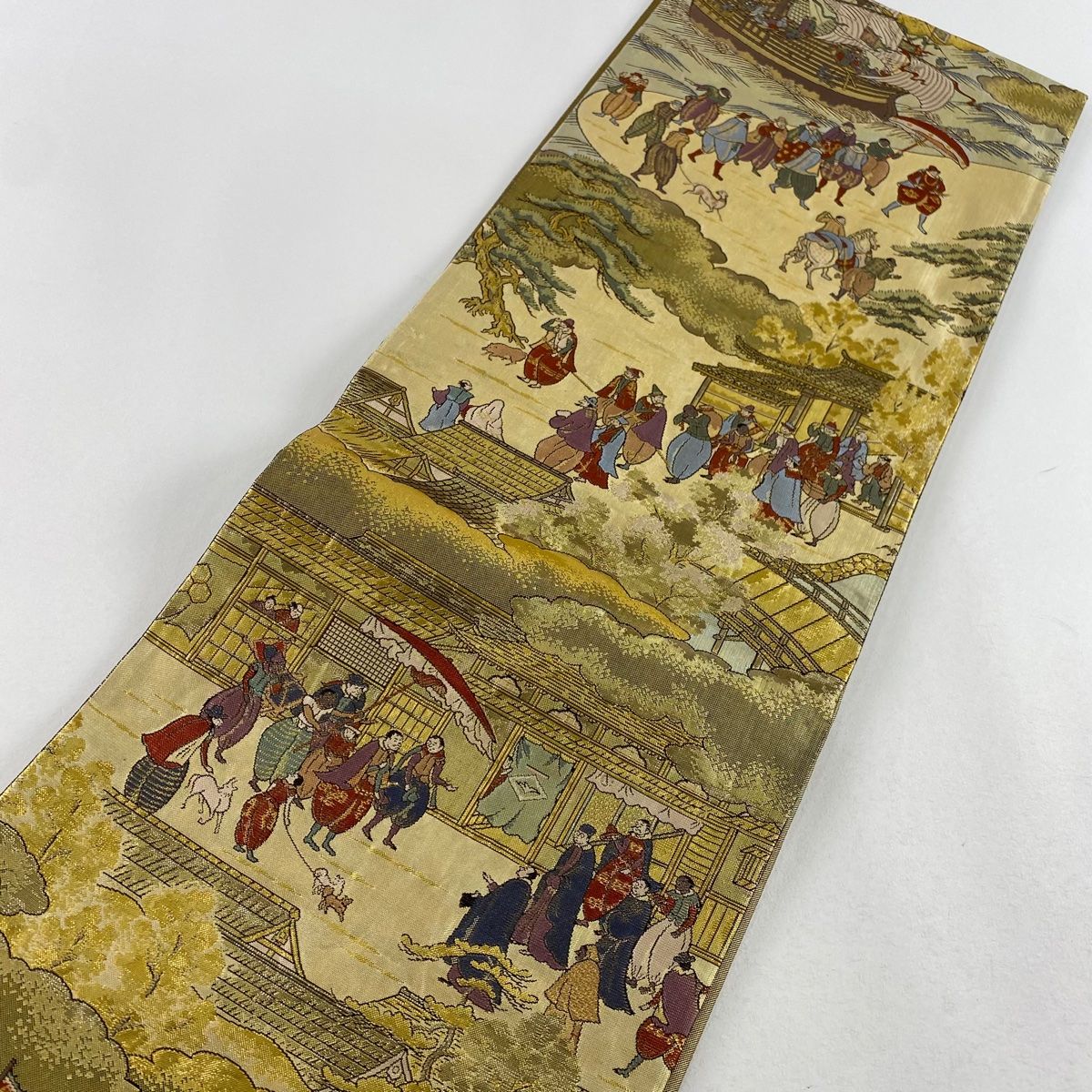 正絹　アコヤ貝　袋帯　金箔　琵琶図 袋帯 美品 秀品 南蛮屏風図 人物 本金箔 プラチナ箔 金色 全通