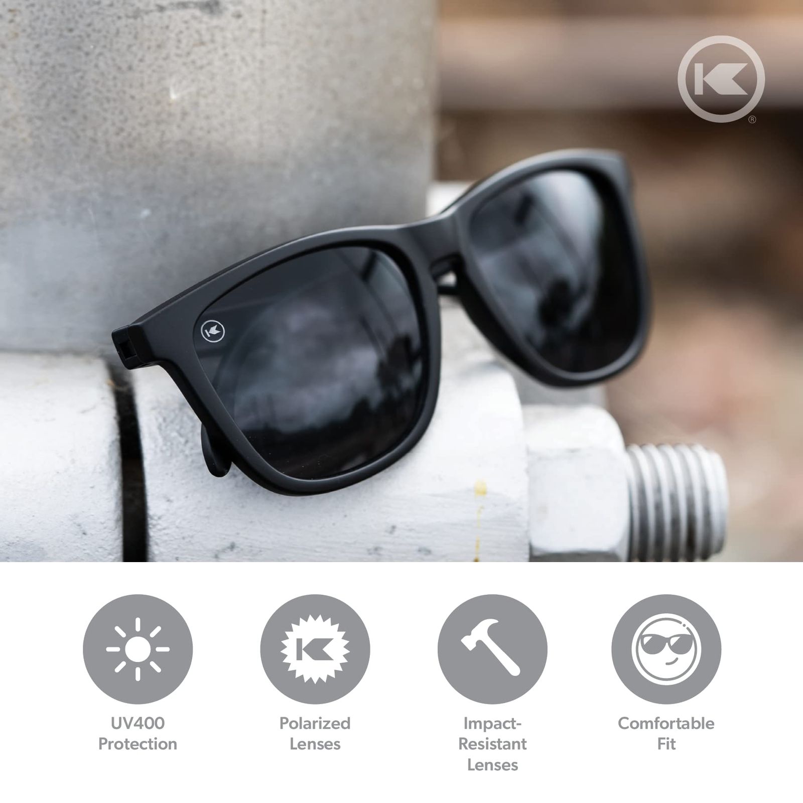 Knockaround Classics 偏光サングラス 男女兼用 耐衝撃レンズ UV 400完全保護 ブラック スモーク OSFA