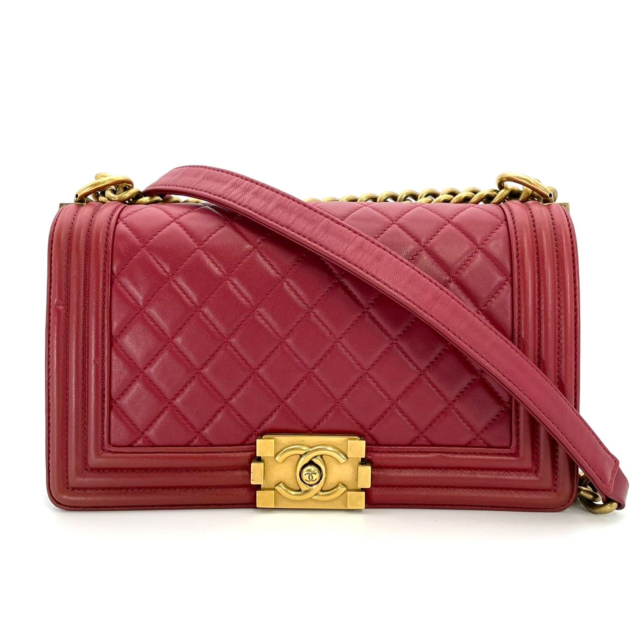 シャネル CHANEL ボーイシャネル ラムスキン レッド ゴールド金具 レザー チェーン ショルダーバッグ 7-5-002