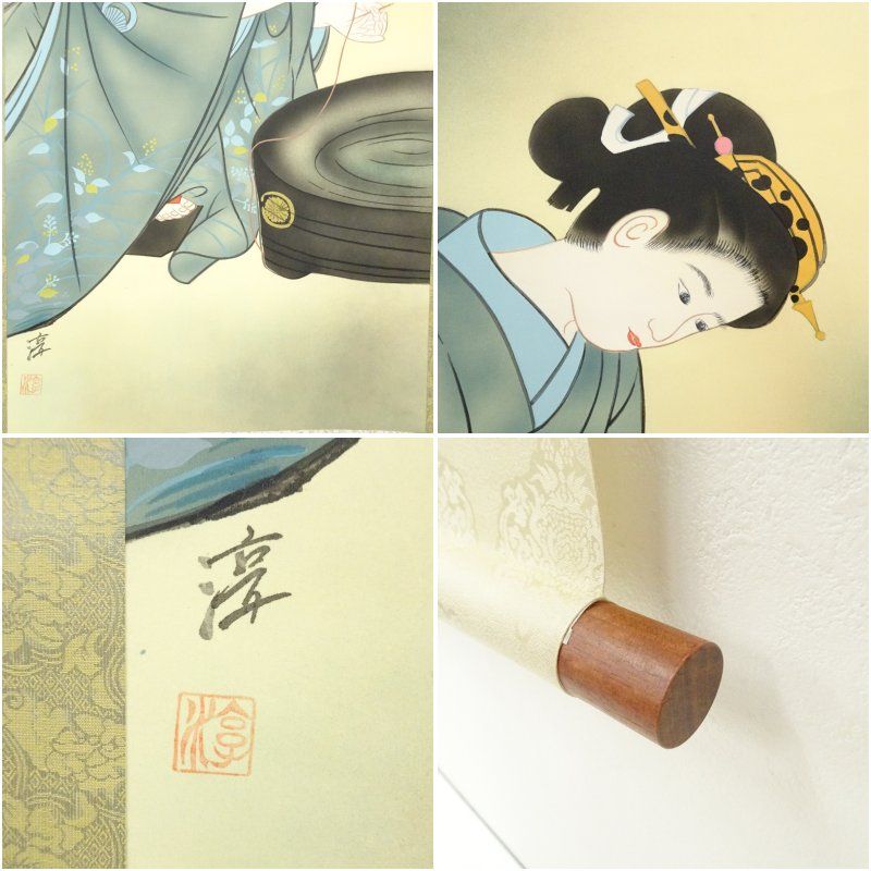 明治期 高谷篁甫筆 『園窓美人画』肉筆絹本掛軸 共箱☆時代物☆