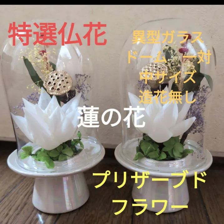 特選仏花 異形ガラスドーム 中 一対 造花無し 蓮の花 プリザーブドフラワー