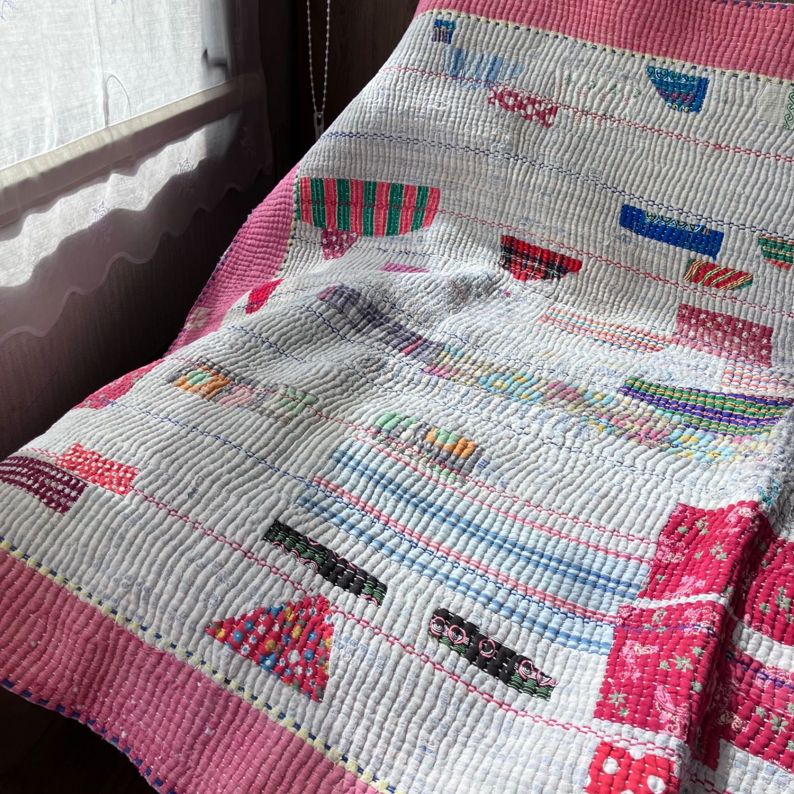 布バック付】ヴィンテージカンタキルト 105 × 150cm パッチワーク ピンク系