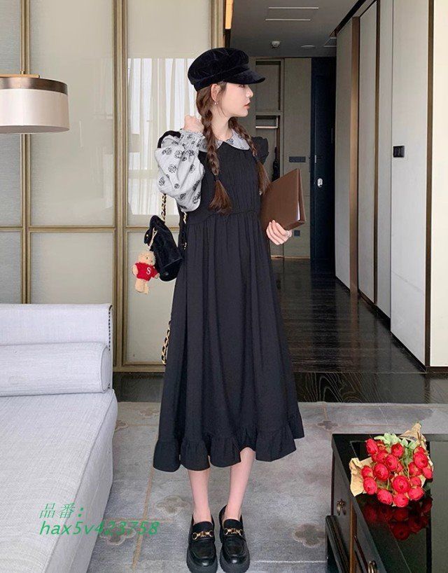 レイヤード風ワンピース レディース ワンピース 長袖 ロング ミモレ丈 ビッグ秋冬 フ重ね着風ワンピース 大きいサイズ 花柄 ファッション 韓国 hax5v423758