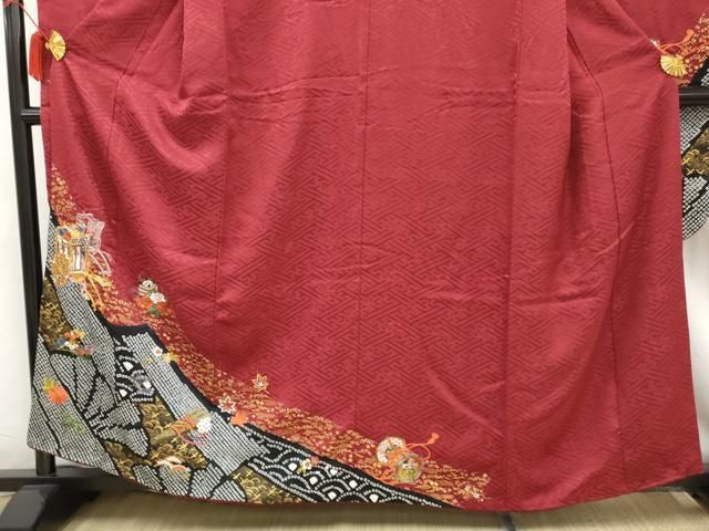 振袖 絞りに金駒刺繍 御所車に花模様 着物 正絹 袷 広衿 RK-4002 平和屋着物□豪華振袖 駒刺繍 絞り 草花文 金彩 金銀糸 正絹