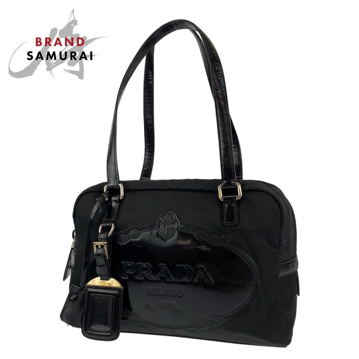 美品 PRADA プラダ テスート ロゴ型押し ブラック 黒 シルバー金具 ナイロン /レザー ショルダーバッグ 肩掛け レディース 405738  【中古】【中古】