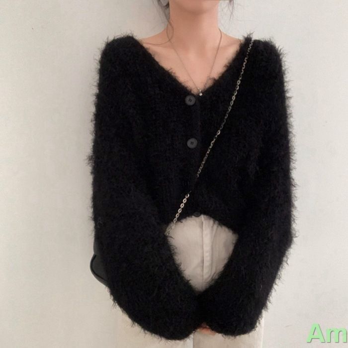 シャギー カーディガン vネック ニット シャギーニット ショート丈 トップス レディース シャギーニットカーディガン フェザーヤーン ふわふわ 長袖 ボリュームスリーブ もこもこ 柔らかい 暖か フェミニン 可愛い 秋冬 春 秋 冬 min