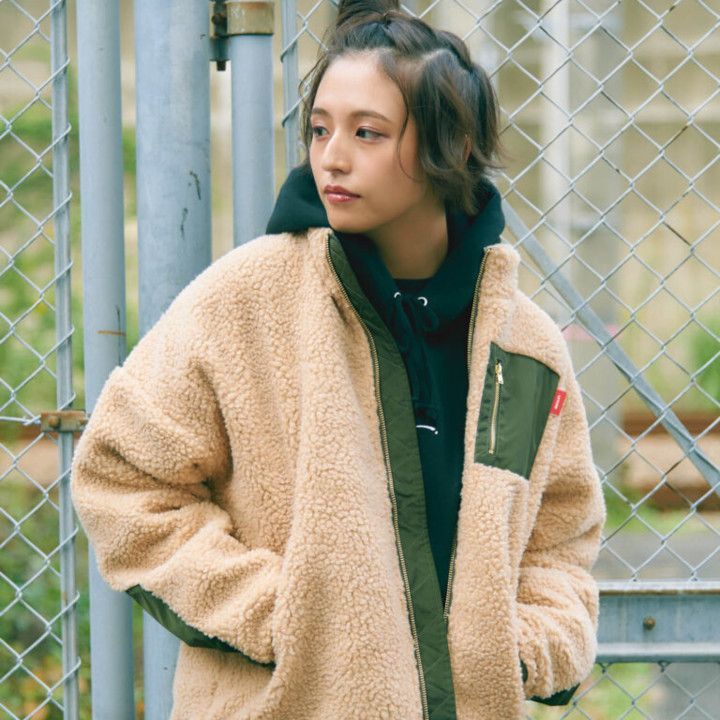 公式| Leyline ビッグシルエット ボアジャケット ミリタリー レディース ユニセックス 男女兼用 ベージュ Boa cutback jkt