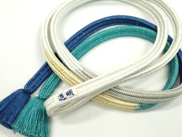 平和屋本店□極上 有職組紐道明 帯締め 冠組 両手先段 青・青緑 金糸  