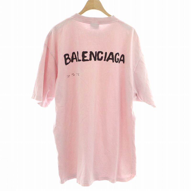 バレンシアガ BALENCIAGA Hand Drawn Tシャツ カットソー 半袖 オーバーサイズ ラージフィット プリント ロゴ フェード XXS ピンク 黒 ブラック KT70 641655 TOVO5 3204 |MP GY17