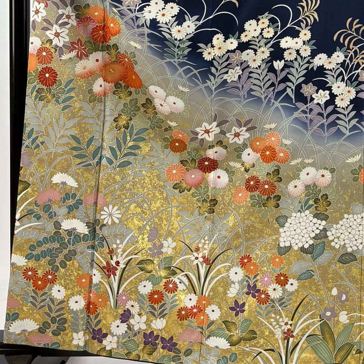 訪問着 身丈162cm 裄丈64cm M 袷 草花 金糸 金彩 紺色 正絹 秀品