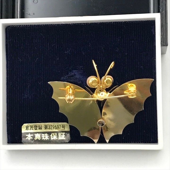 本真珠　蝶　ブローチ 良品 本真珠 パール 蝶 マーブル ブローチ ゴールド レディース