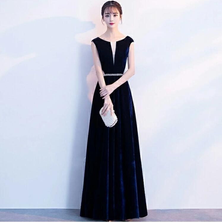 ★ロングドレス 演奏会 結婚式 ドレス 大人 ピアノ 発表会 ノースリーブ ワンピース ピアノ発表会 ネイビー M ベルベット ドレス フォーマルドレス パーティードレス Aライン da698s1