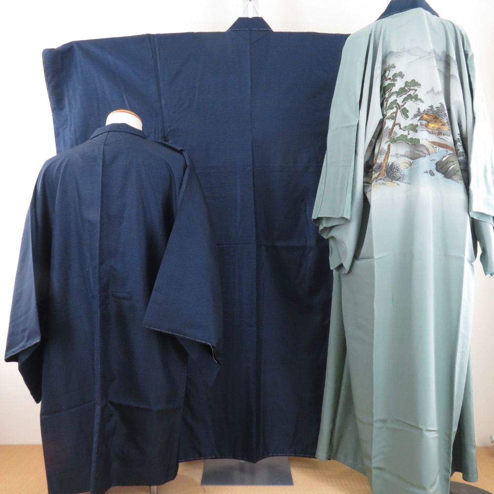 男着物 紬 亀甲 アンサンブル 襦袢セット 袷 紺色 正絹 男性用きもの メンズ 仕立て上がり 和服 男物 カジュアル 身丈135cm 【キモノオフ野々市若松店】 男着物 紬 亀甲 アンサンブル 襦袢セット 袷 紺色 正絹 男性用きもの