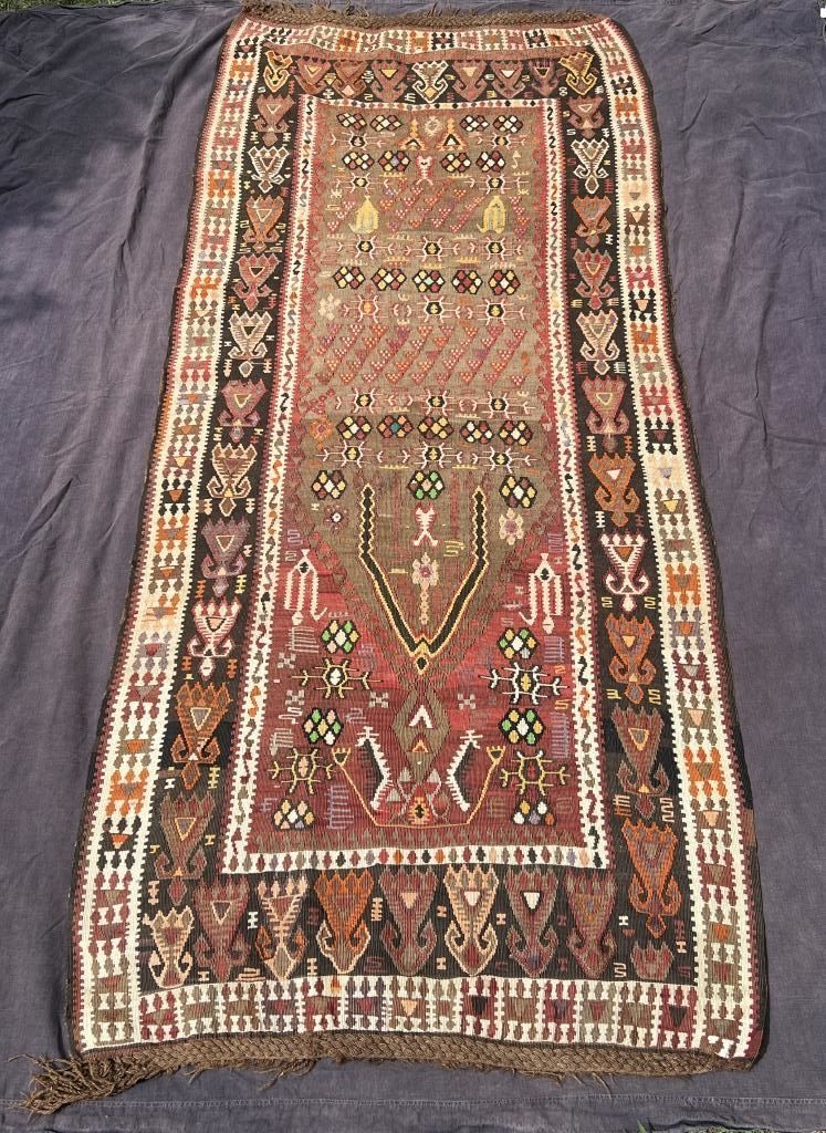 ヴィンテージ ラグ カーペット キリム 244x105cm 絨毯 赤系 茶色 南米 インカ ペルシャ絨毯 手織り 細長い 長方形 ウール 羊 ビンテージラグ 幾何学 ビンテージ ワンルーム バルーチ トルクメン トライバル ラグ