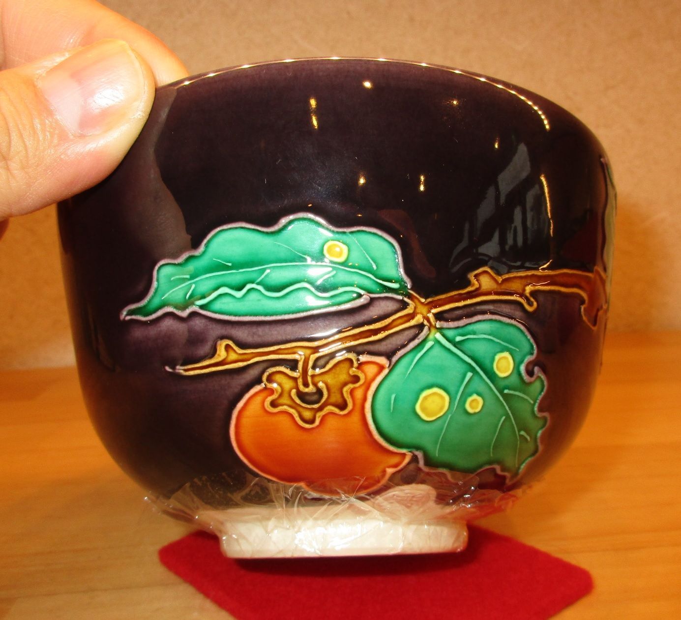 逢絢亭 茶道具 茶碗 京焼 紫交趾 柿の図 中村翠嵐 共箱入り