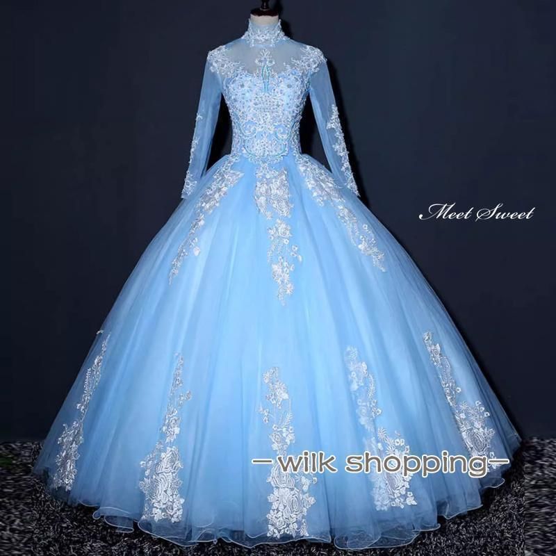 ドレス プリンセスライン ロングドレス 青 ブルー 長袖 ハイネック 華やか ウェディングドレス 結婚式 二次会 花嫁 前撮り 演奏会 発
