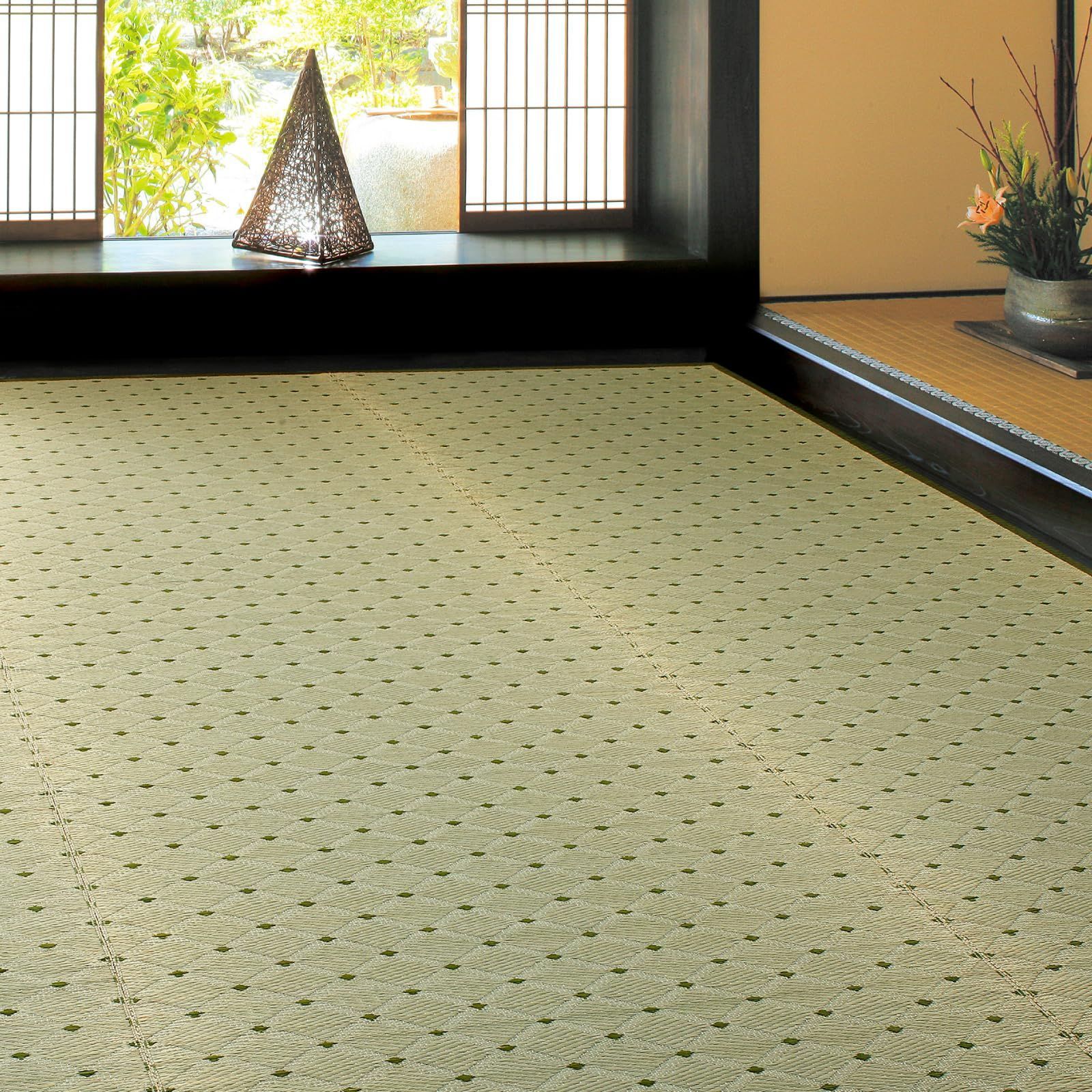 シンプル 花ござ 柄上敷き 江戸間6畳 約261X352cm グリーン ダイヤ 国産い草カーペット 萩原