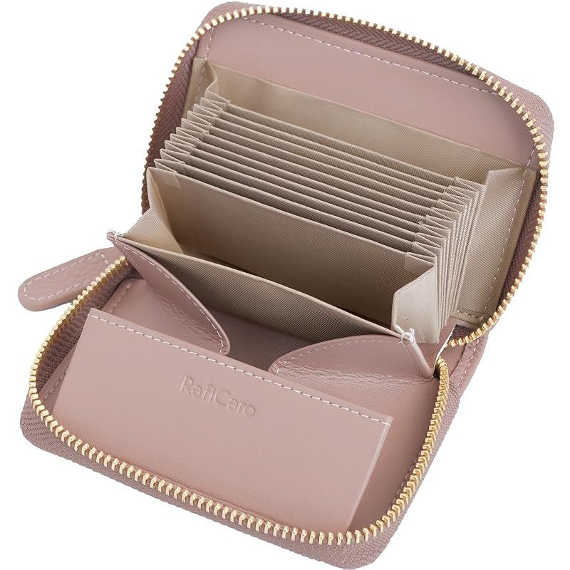 【新品】 [RafiCaro] ミニ財布 お札が折れない 財布 レディース メンズ 二つ折り財布 大容量 じゃばら カードケース ボックス型 小銭入れ YKKファスナー 牛革 小さい財布 ダスティピンク 0
