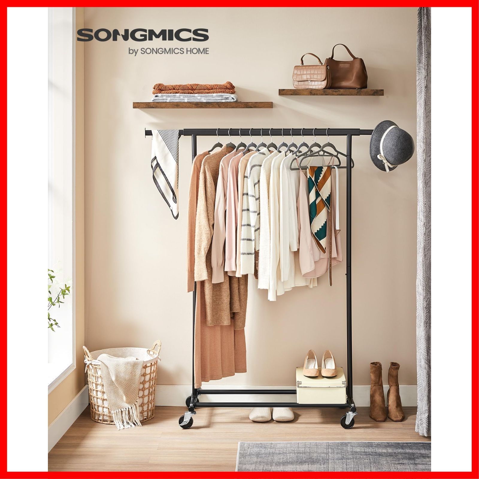 幅92 132cm 耐荷重100Kg 衣装掛け 大容量 頑丈 衣類収納 安定性 洋服ラック 業務用 キャスター付き 伸縮式 移動しやすい ハンガーラック 室内物干し ちょうどいいサイズ SONGMICS HSR13BKV1