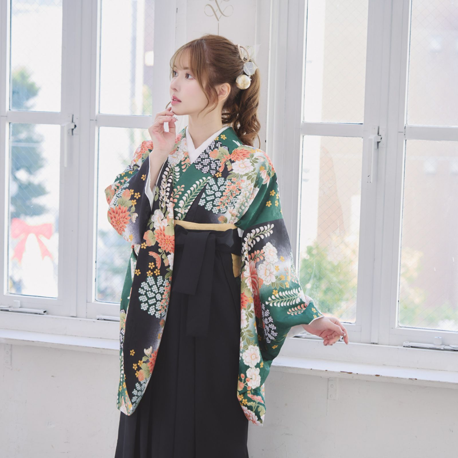 袴3点セット 卒業式 小学生 大学生 緑 グリーン 黒 45BK 袴セット