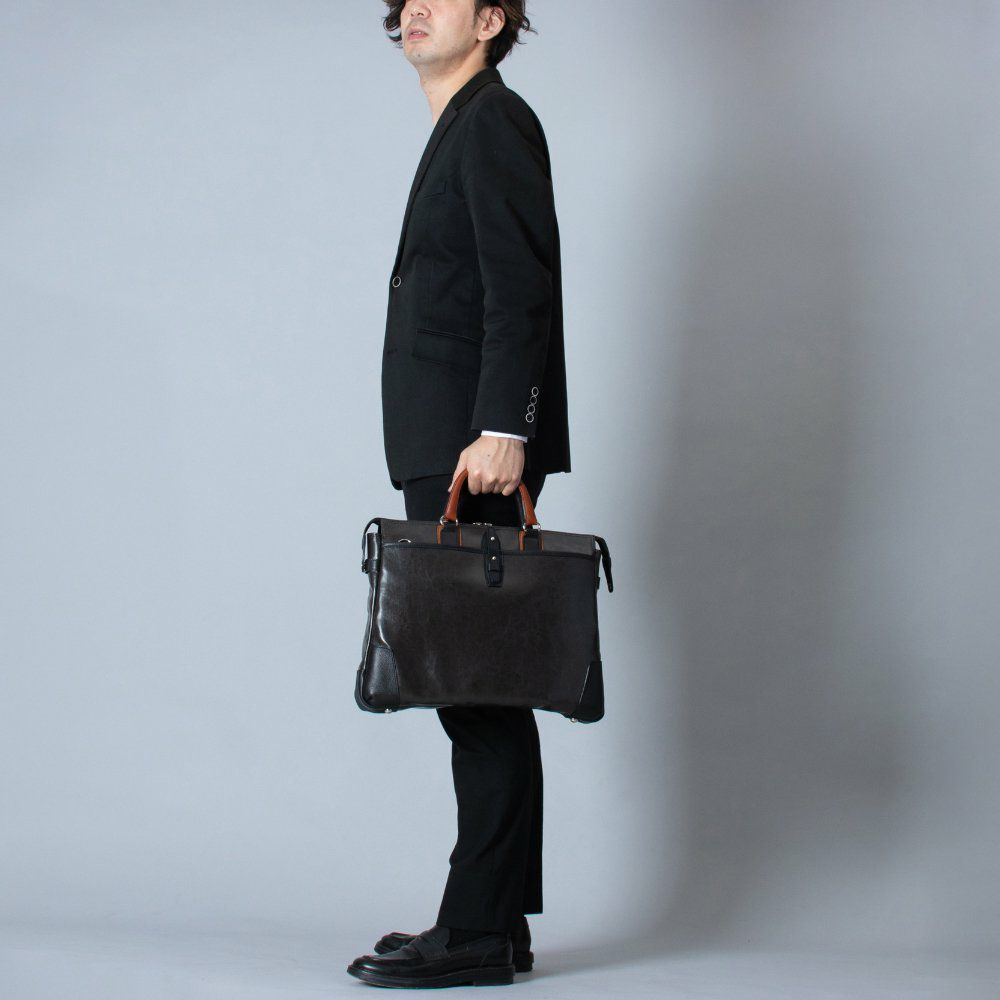 木箱のカバン 豊岡鞄] ブリーフケース ビジネスバッグ 帆布PU×皮革ソフトブリーフ B4