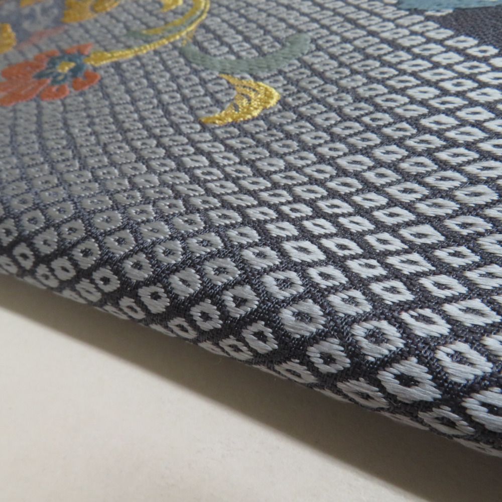 袋帯 鹿の子に花鳥丸文 紫色 金糸 正絹 礼装 フォーマル 着物帯 長さ436cm