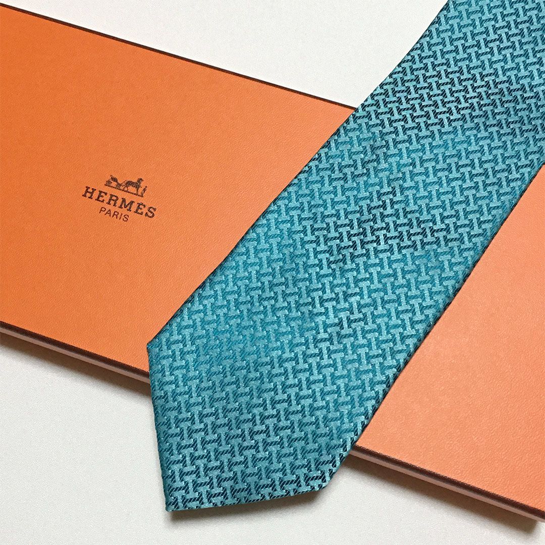 美品 エルメス HERMES ネクタイ シルク100% ターコイズブルー H柄 2510