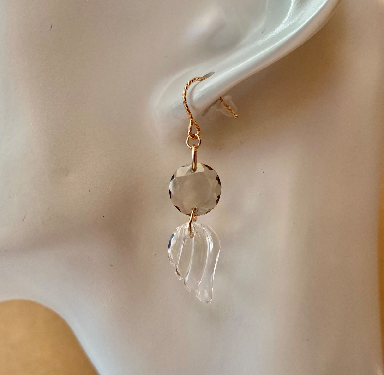 天然石 14kgf ①スモーキークォーツ×クリスタル エンジェル ピアス ア