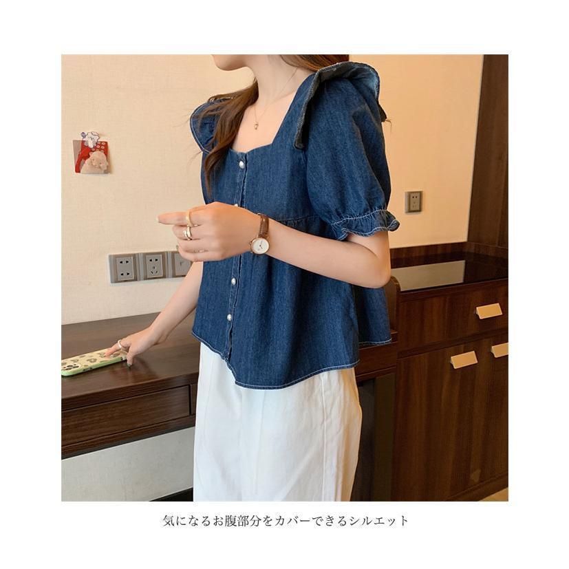デニムブラウス レディース ブラウス 半袖 スクエアネック 夏 ギャザーブラウス 体型カバー 半袖シャツ デニム 半袖ブラウス レトロ デニムシャツ 送料無料 デニムブラウス レディース ブラウス 半袖 スクエア