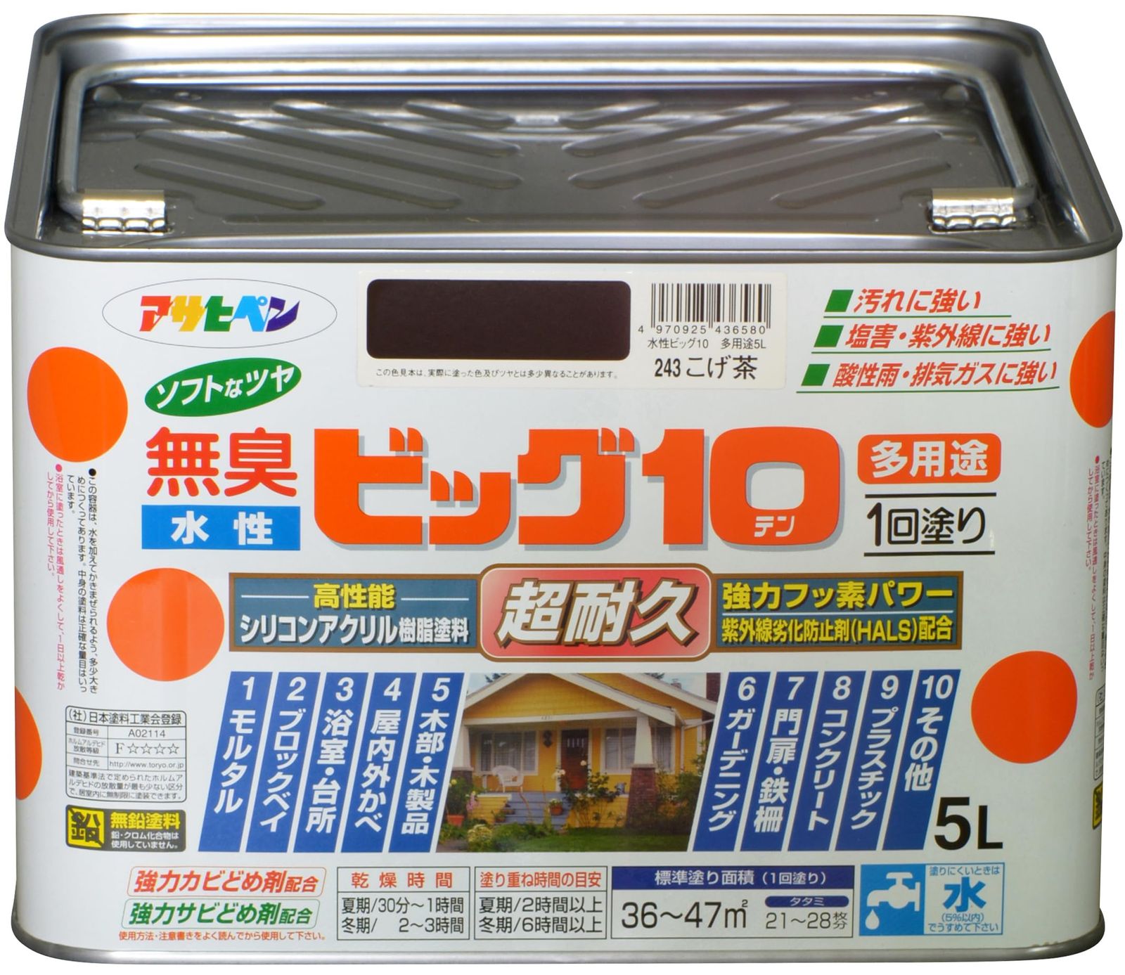 アサヒペン 塗料 ペンキ 水性ビッグ10多用途 5L 243こげ茶 水性 多用途 半ツヤ ソフトなツヤ 1回塗り 超耐久 無臭 特殊フッ素樹脂配合 防カビ サビドメ剤配合 紫外線劣化防止剤配合 シックハウス対策品 日本製