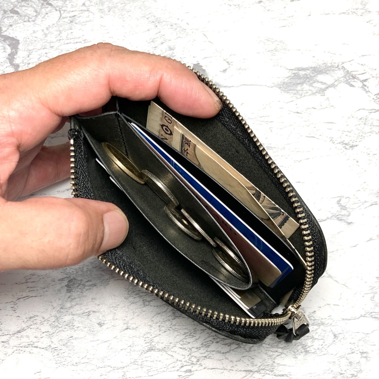 本革 コンパクト財布 メンズ｜L字ファスナー 黒革 フラグメント