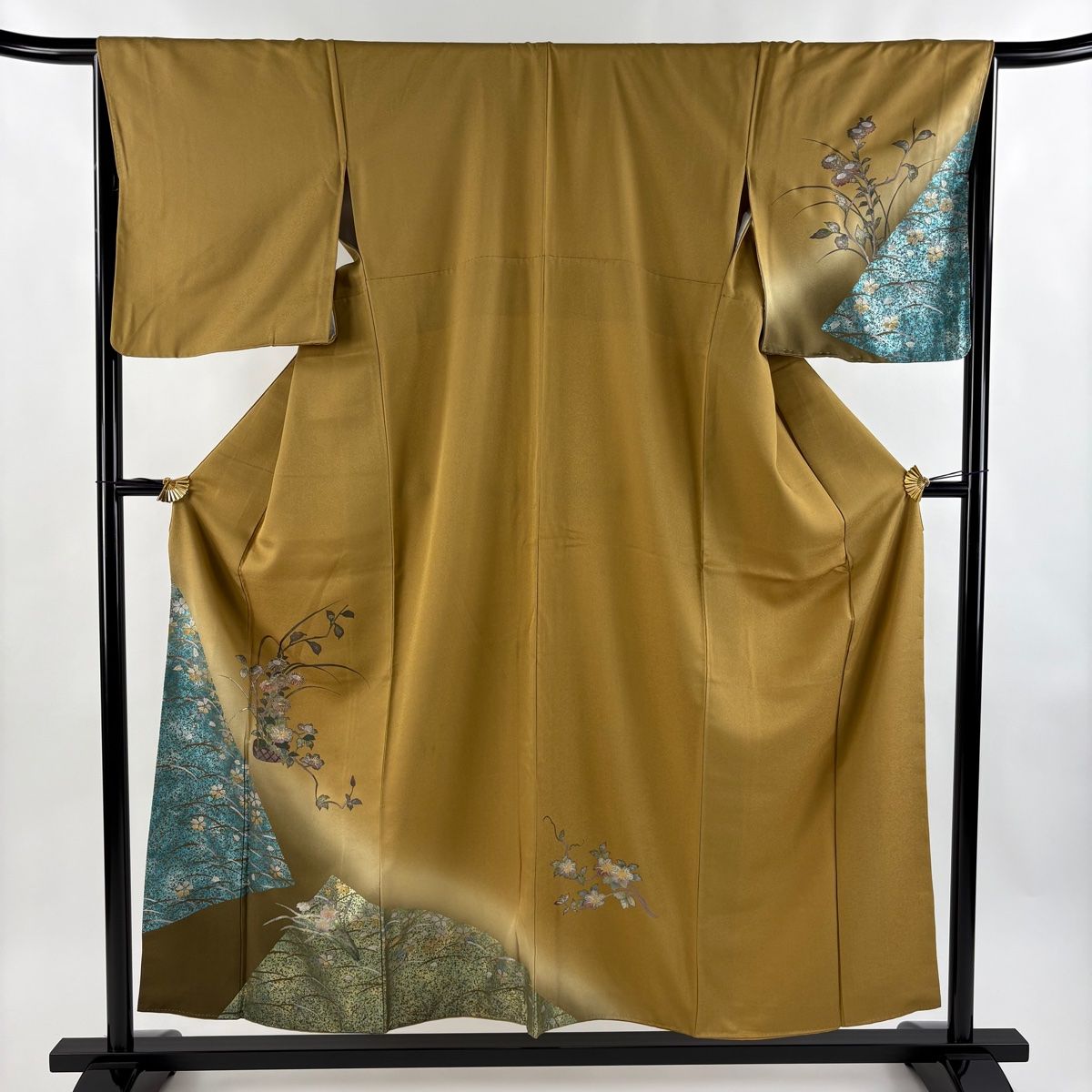 訪問着 身丈156cm 裄丈65.5cm M 袷 花籠 芝 金銀彩 螺鈿 黄土色 正絹 秀品