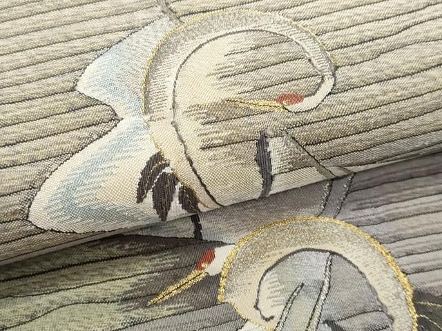 a666 正絹 明綴れ　刺繍　鶴　お太鼓柄袋帯 金糸 着物 miyagawa-kimono_sb54198