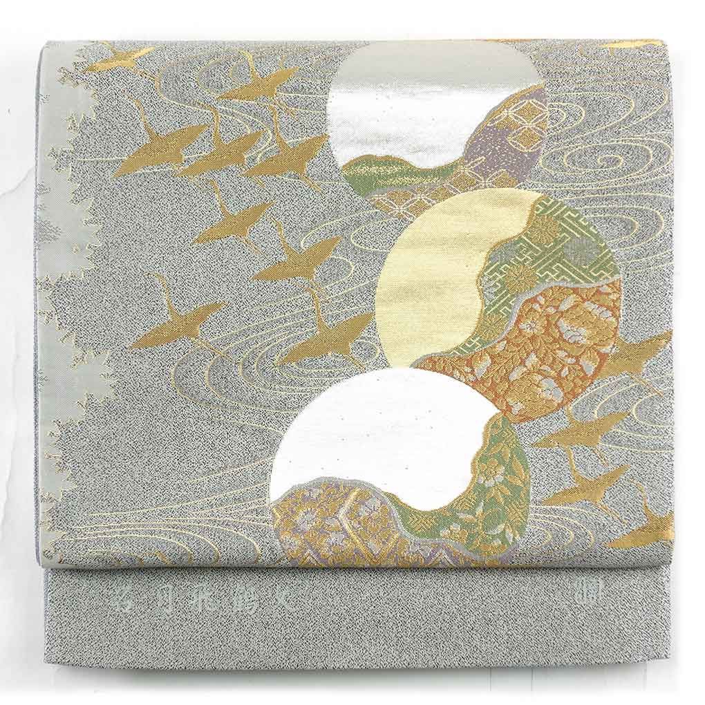 袋帯 幅30.5cm 長さ450cm レディース 鶴 秋冬春用 正絹 シルク グレー リメイク リユース リサイクル 呉服のきくや