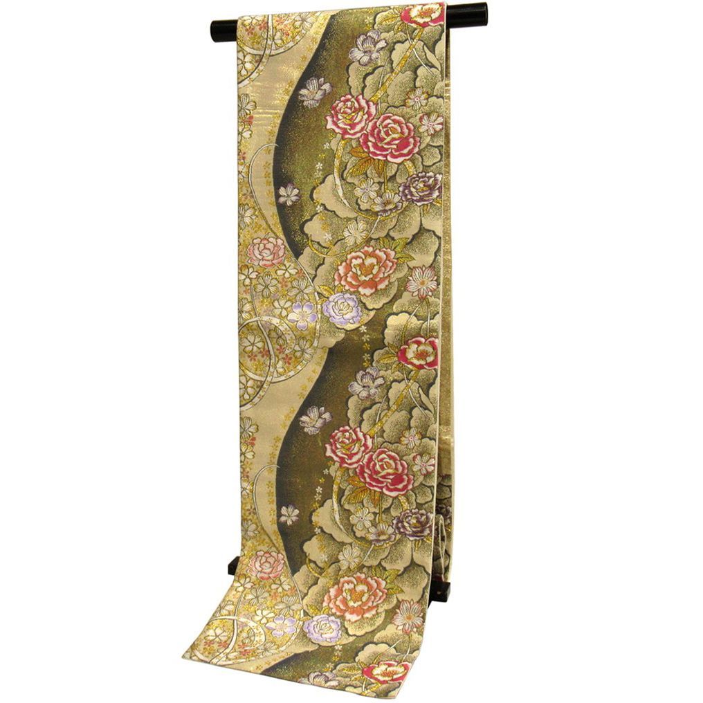 袋帯 振袖用 USED 正絹 仕立て上がり 黒×金 バラ No11 六通柄 振袖用  