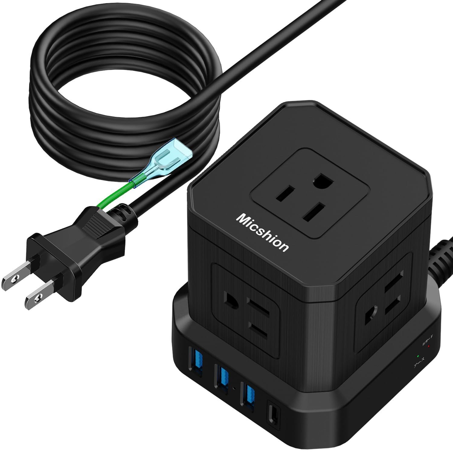 テーブルタップ タコ足配線 OAタップ 雷ガード|アース保護ランプ付き マルチタップ 4個USB-Aポート 安全保護機能 コンセントusb付き 合計2400W 5M 自宅用 延長コード 会社用 Type-C付電源タップ ブラック Micshion