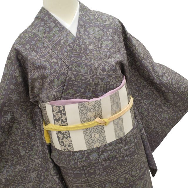 本場結城紬 奥順 80亀甲 証紙付 縦縞模様に花更紗 青色麹塵色 K-2737