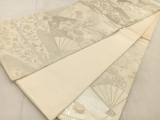 平和屋着物◎六通柄袋帯 扇面花文 銀糸 正絹 逸品 AABB4578wj