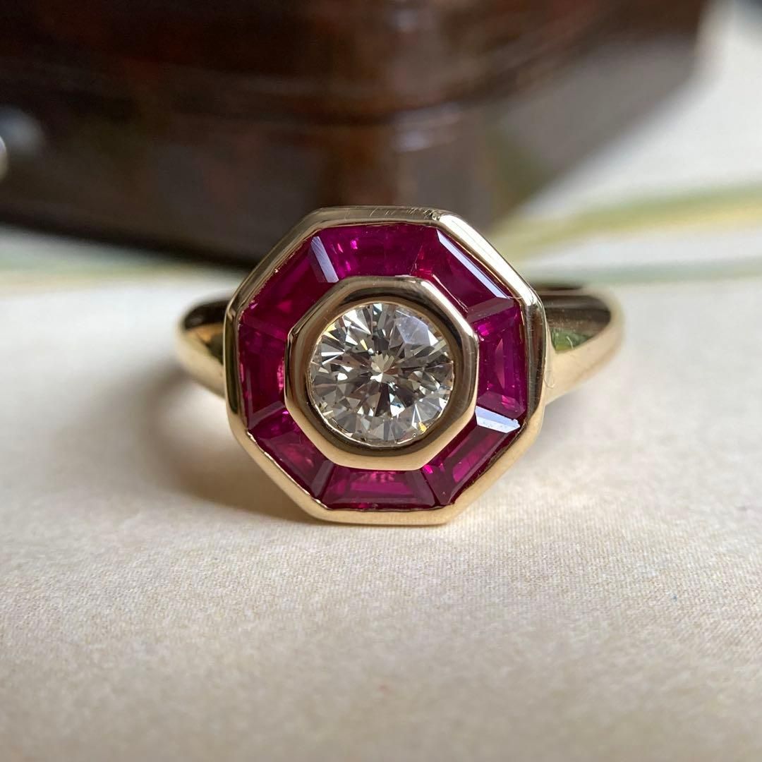 k18 アールデコ カリブレカット ルビー ダイヤモンド ヴィンテージリング 指輪