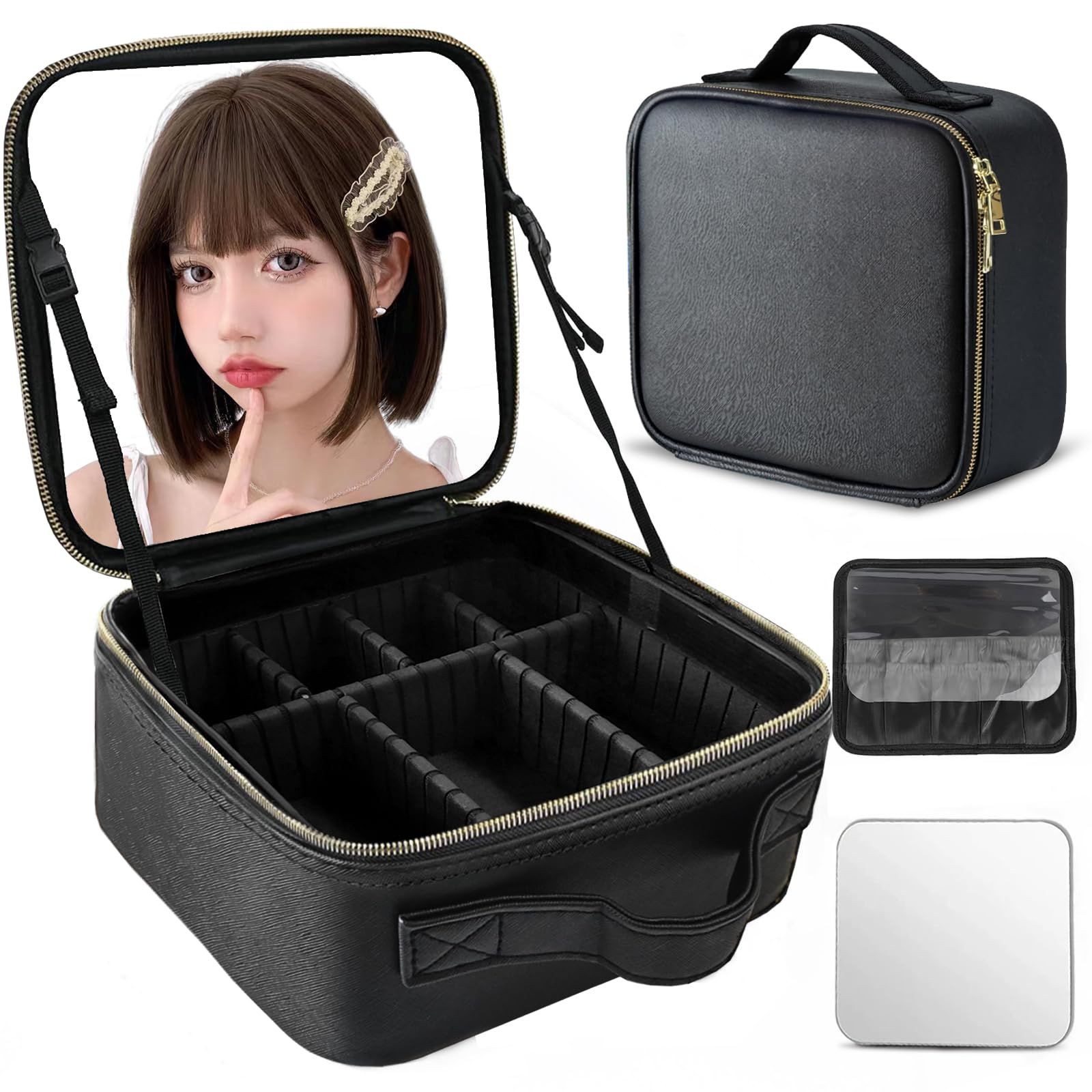 Mirasizuku 鏡付きコスメボックス 大容量 コスメ収納 メイクボックス 持ち運び メイクポーチ プロ用 化粧品収納ボックス プロ仕様メイクボックス 化粧ポーチ PUレザー防水 自立式 置き方調整可