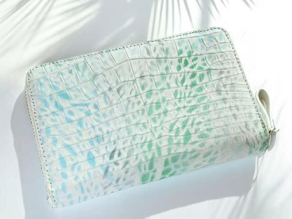 クロコ 財布 オルタンシア ミニラウンドファスナー 紫陽花 長財布 ワニ革 クロコダイル 財布 本革サイフ ラウンドファスナー ウォレット 小銭入