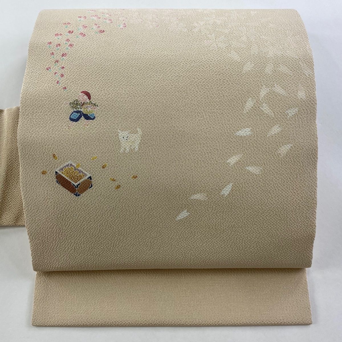 名古屋帯 花咲か爺さん 桜 縮緬 ベージュ 正絹