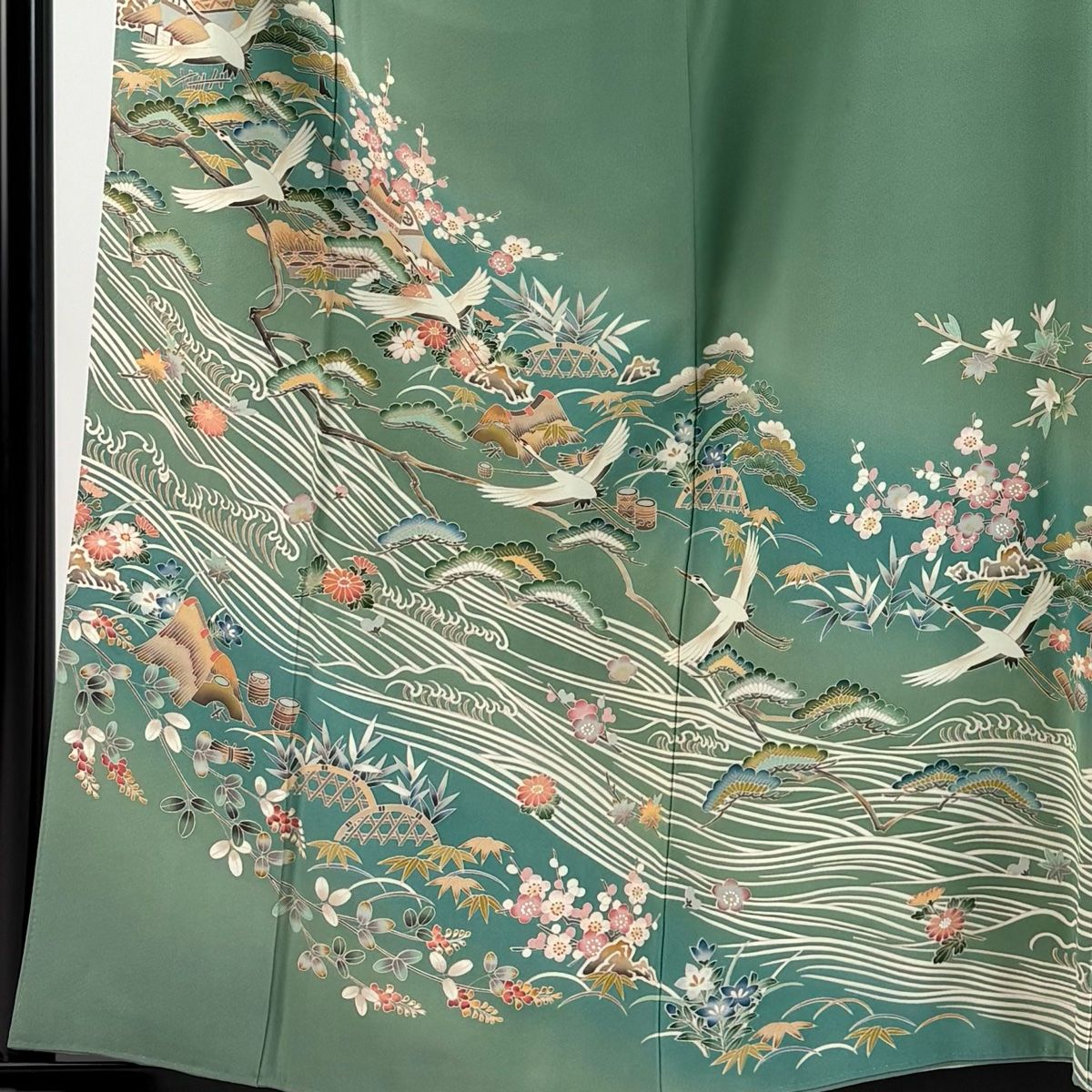 色留袖 身丈156cm 裄丈64cm M 袷 落款 松竹梅 鶴 染め分け ぼかし 灰緑