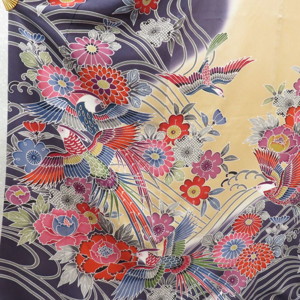 振袖 正絹 サーモンピンク×ベージュ×紫 型染め 風景 花々 袷 広衿 成人 