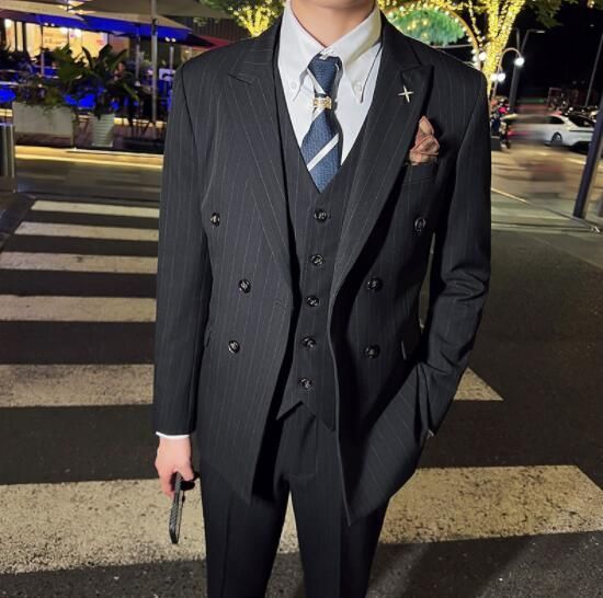 上 ♪スリーピース メンズ ダブルスーツ スーツセット ストライプ柄 結婚式 スタイリッシュ 背広 二つボタン 紳士服 黑 S~5XL
