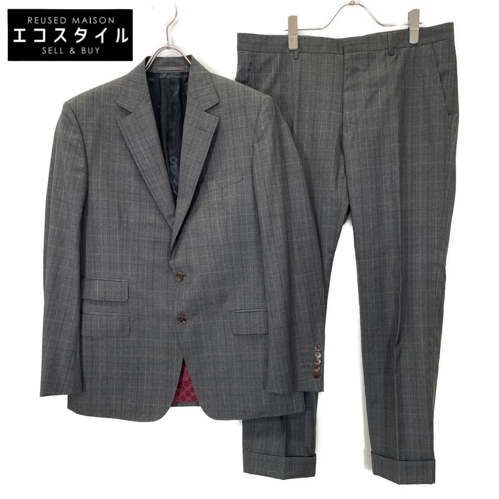 GUCCI グッチ ｸﾞﾚｰ 429341 ｳｰﾙ ﾁｪｯｸ柄 ｼﾝｸﾞﾙ ｽｰﾂ 52R