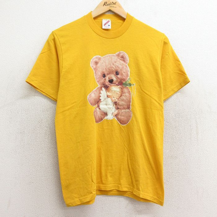 M/古着 ジャージーズ 半袖 ビンテージ Tシャツ メンズ 90s クマ 天使 クルーネック 黄 イエロー 24jun25 中古