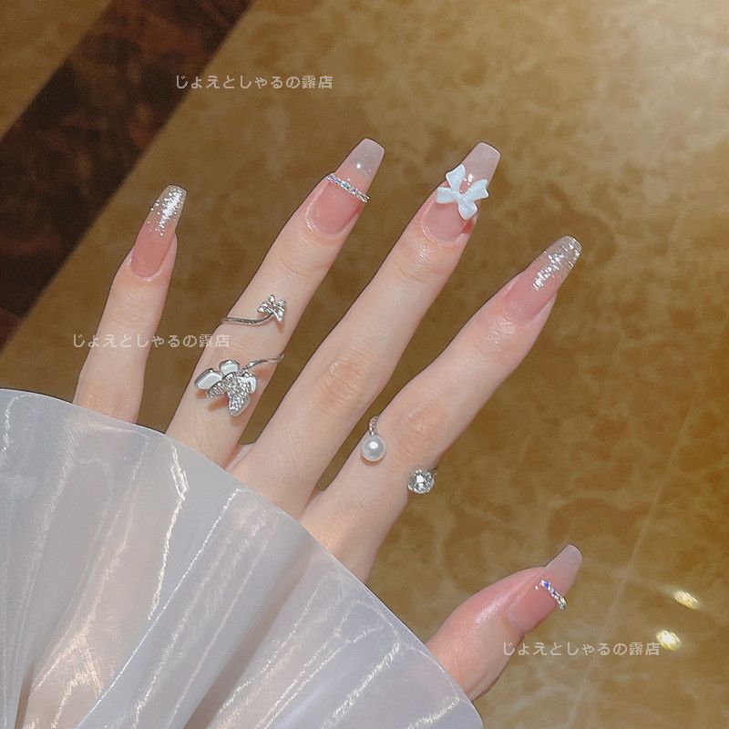 No.56 グラデネイルチップ リボン ビジュー ラメ ピンク