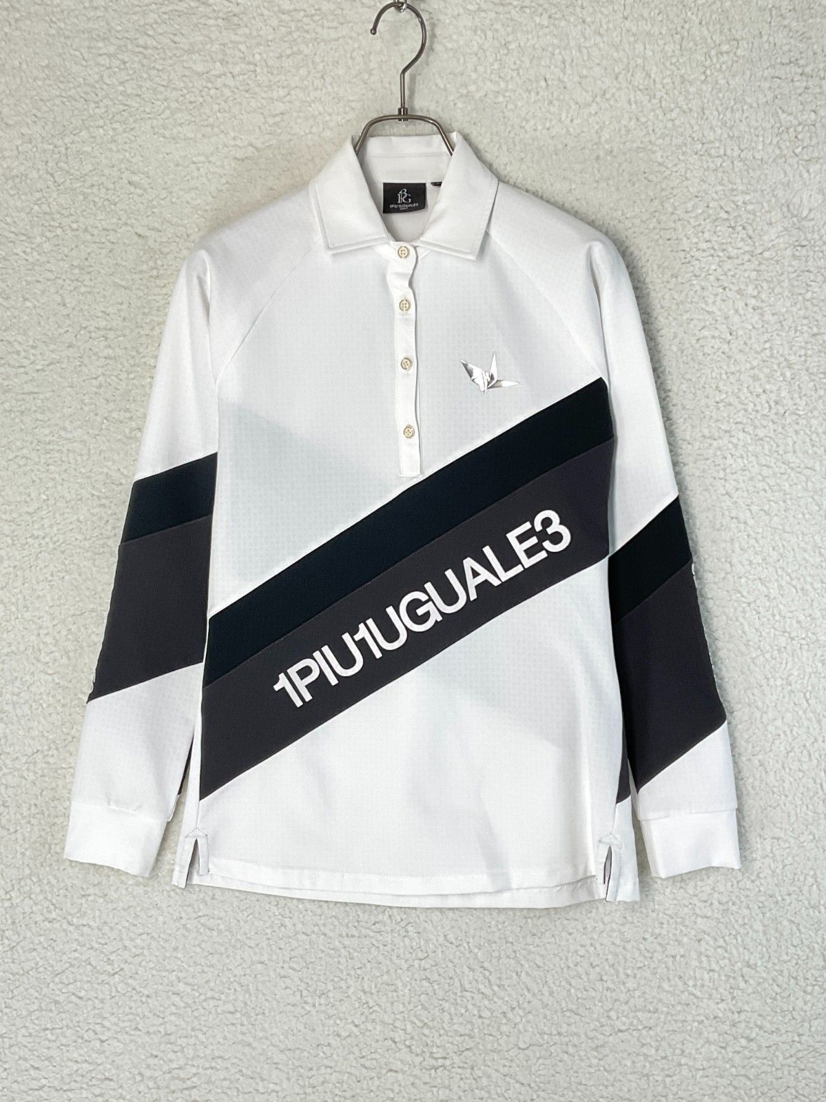 1PIU1UGUALE3　GOLF 2 ホワイト×ブラック LADIES' DIAGONAL SWITCH POLO L/S　ダイ