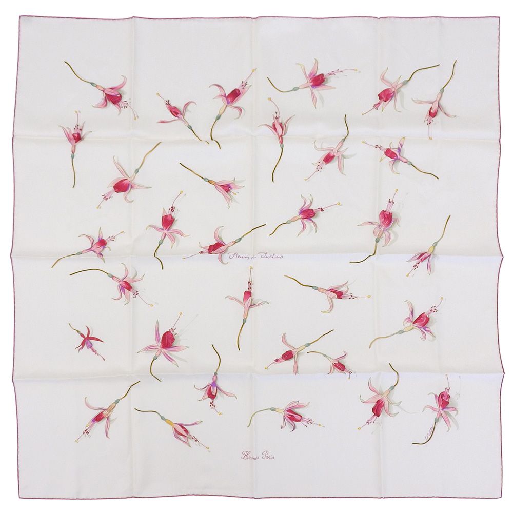 超 エルメス HERMES 2006年商品 Fleurs De Fuchsia フクシャの花 カレ90 シルク スカーフ ストール ホワイト 超 レディー ほぼ♥